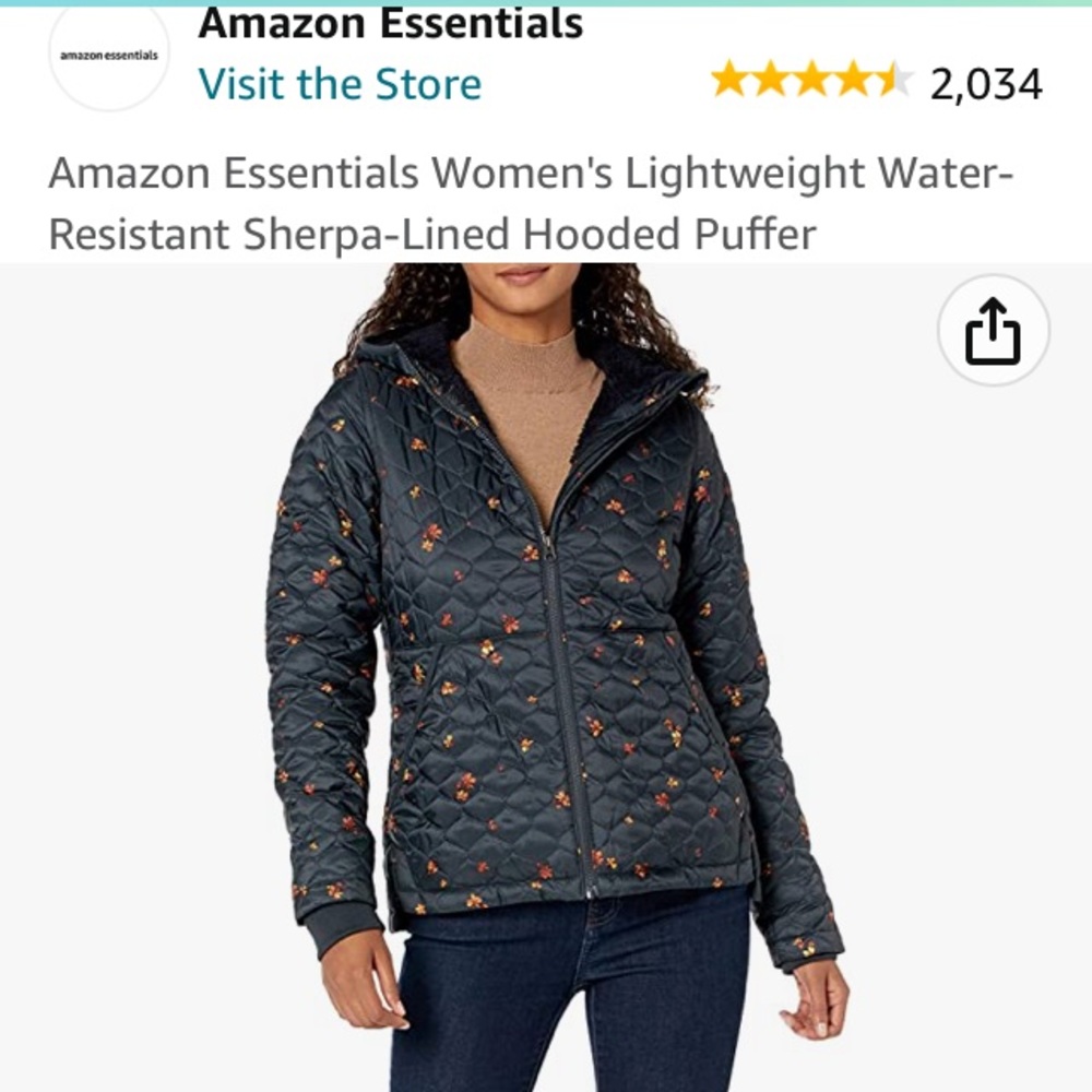 Amazon essentials hooded Sherpa lined navy floral water resistant jacket medium